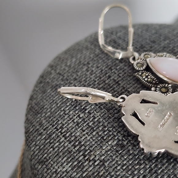 Sterling Silver Mother of Pearl Marcasite Earrings Drop Dangle - Picture 4 of 8